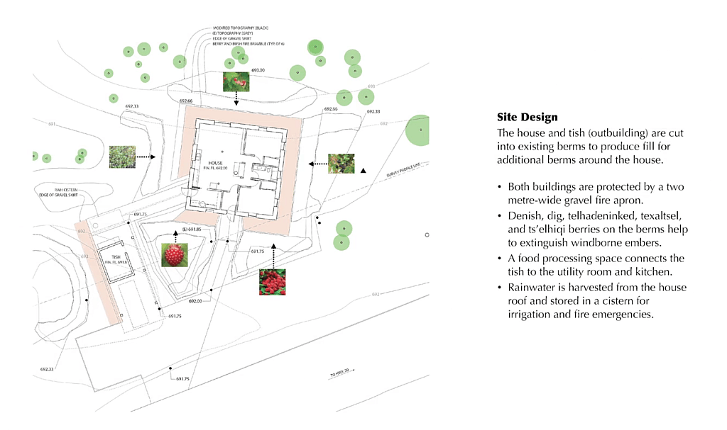 A diagram shows the Yunesit'in fire resistant house in the centre, and where naturally fire resistant bushes will surround the house.