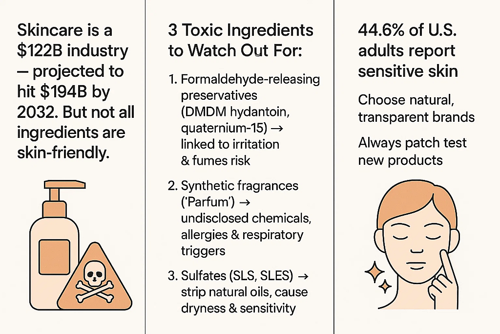 Infographic summarizing the skincare industry revenue, toxic ingredients to watch out for in skincare products, and how many adults report sensitive skin issues when choosing brands.