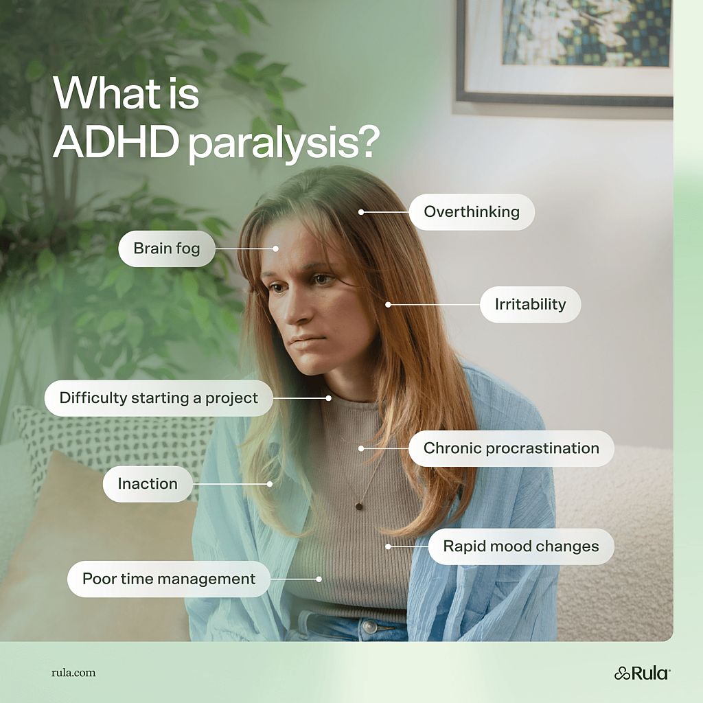 An image of a woman sitting in a chair, looking distractedly into the distance. Around her are labels listing different elements of ADHD paralysis, including brain fog, overthinking, irritability, difficulty starting projects, inaction, chronic procrastination, poor time management, and rapid mood changes.