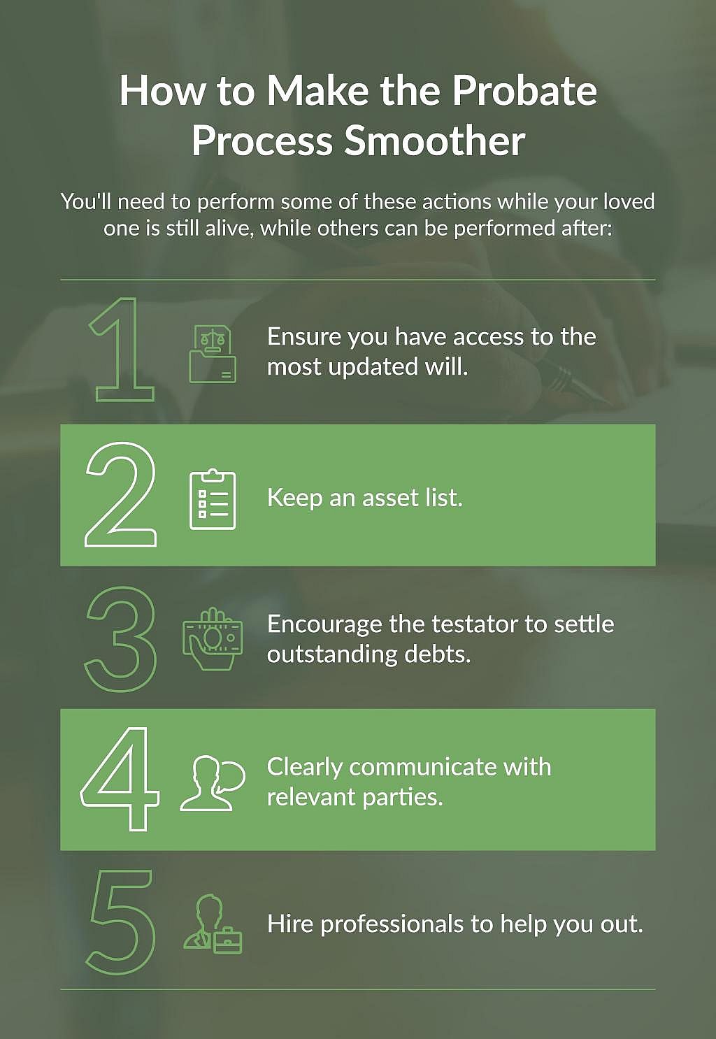 5 steps to make the probate process smoother explained in stylized graphic on green background.