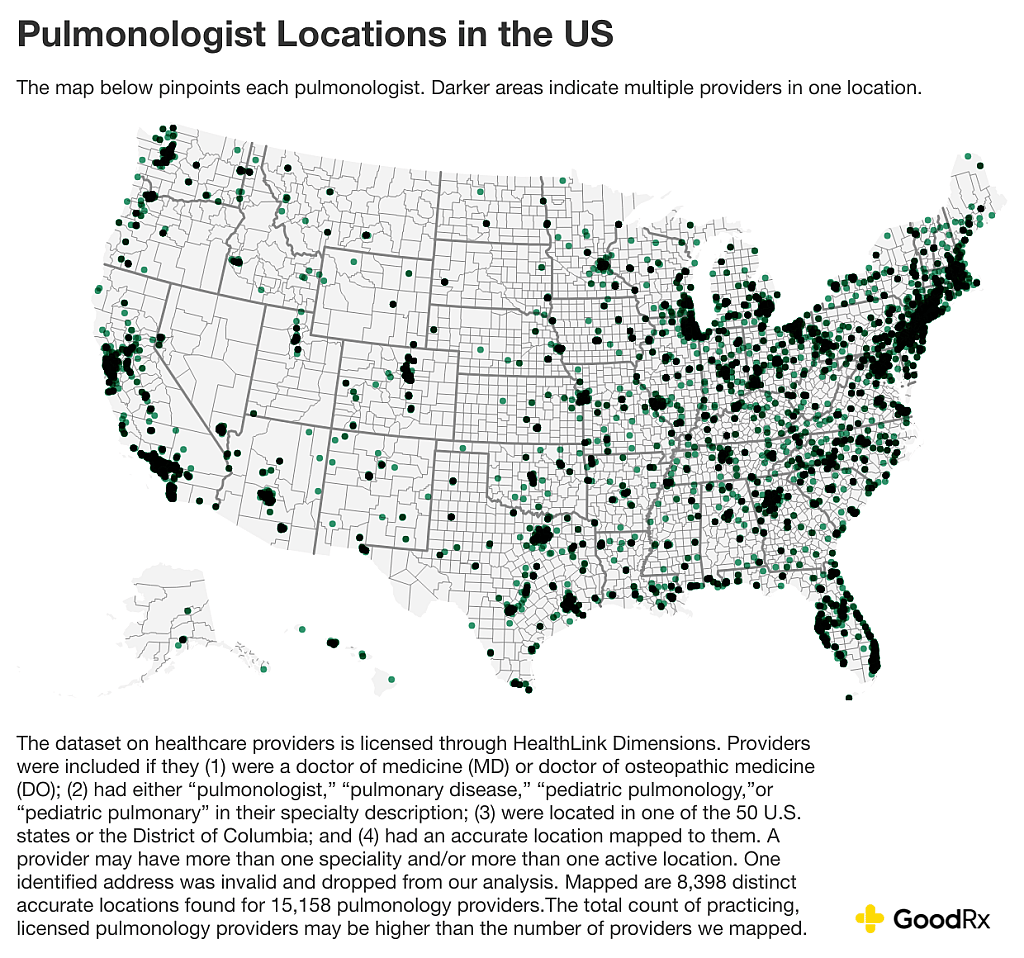 Data map of the US showing where all pulmonologists are located across all states. The darker areas indicate multiple providers in one location.
