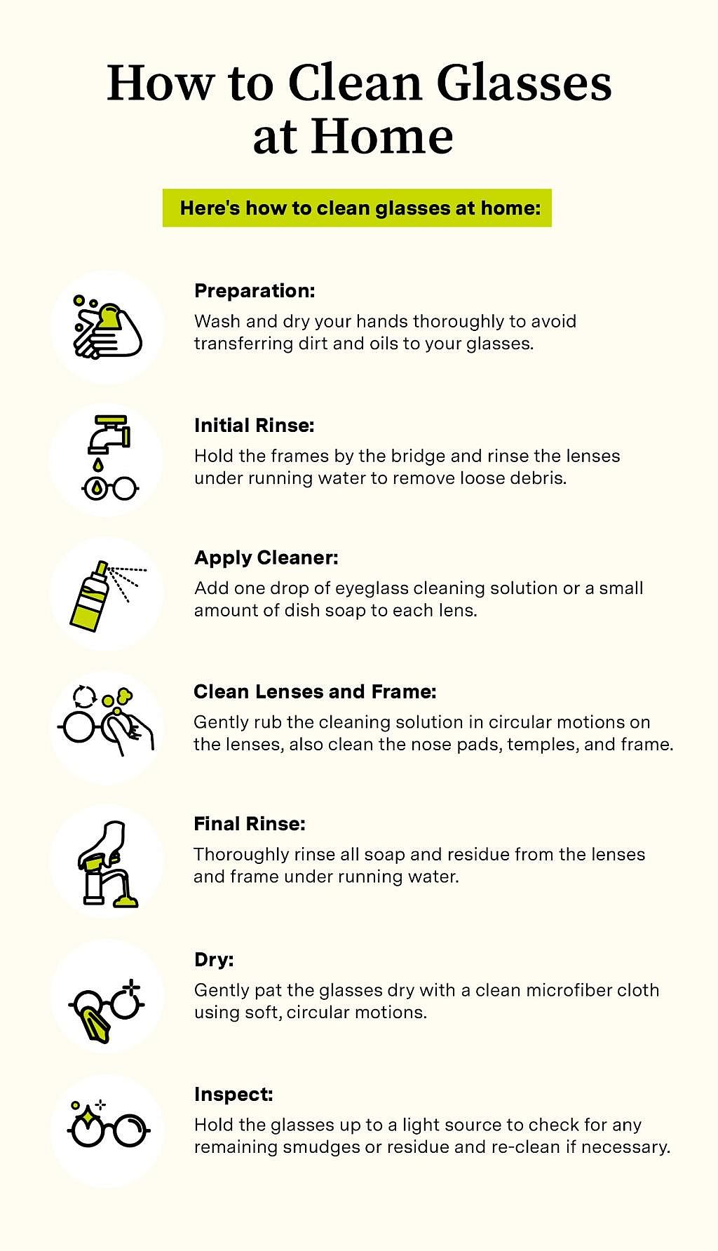 Infographic listing ways on how to clean glasses at home.