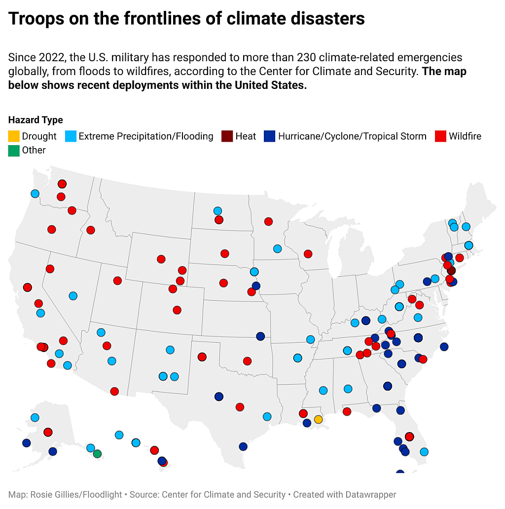 Data visualization map showing the recent deployments of troops on the frontlines of climate disasters.