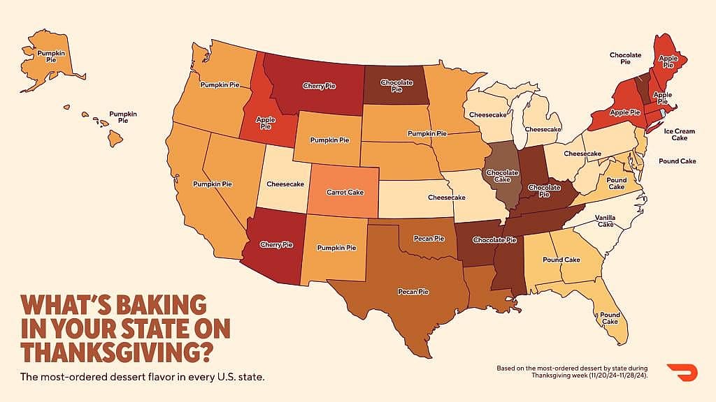 A data map of the US indicating the most-ordered desert flavor in every state.