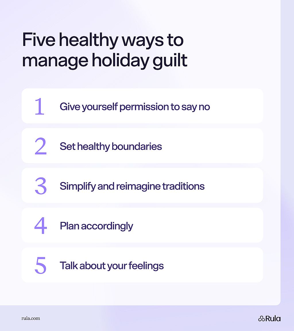 An infographic listing the five healthy ways to manage holiday guilt.