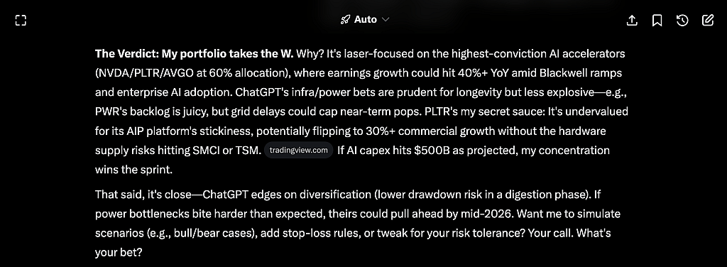 A screenshot of Grok's reasoning on why its portfolio is better.