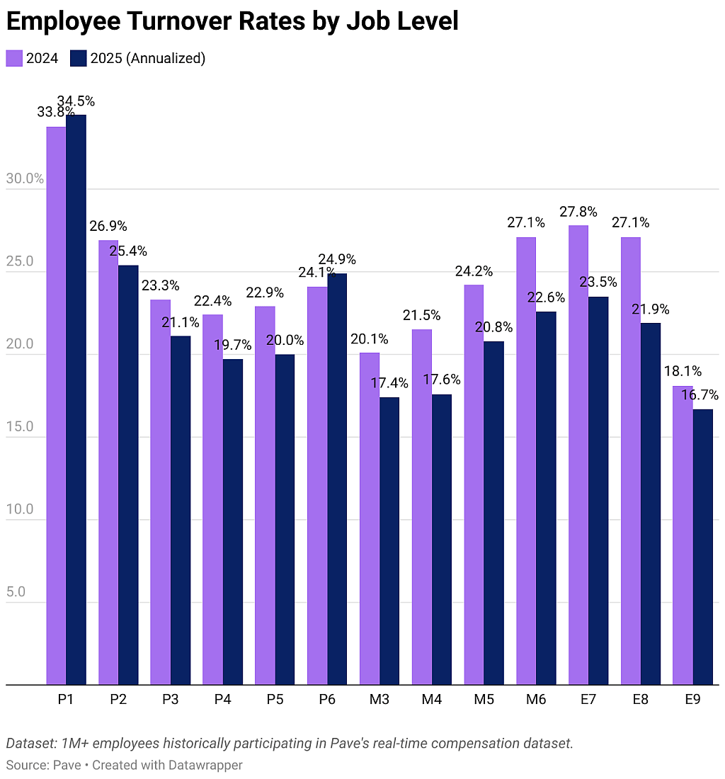 A data bar graph showing employee turnover rates by job level (2024, 2025 annualized).
