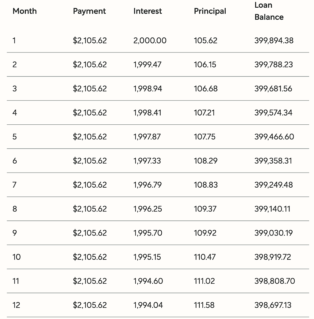 A table listing the first 12 payments system of a sample 50-year loan.