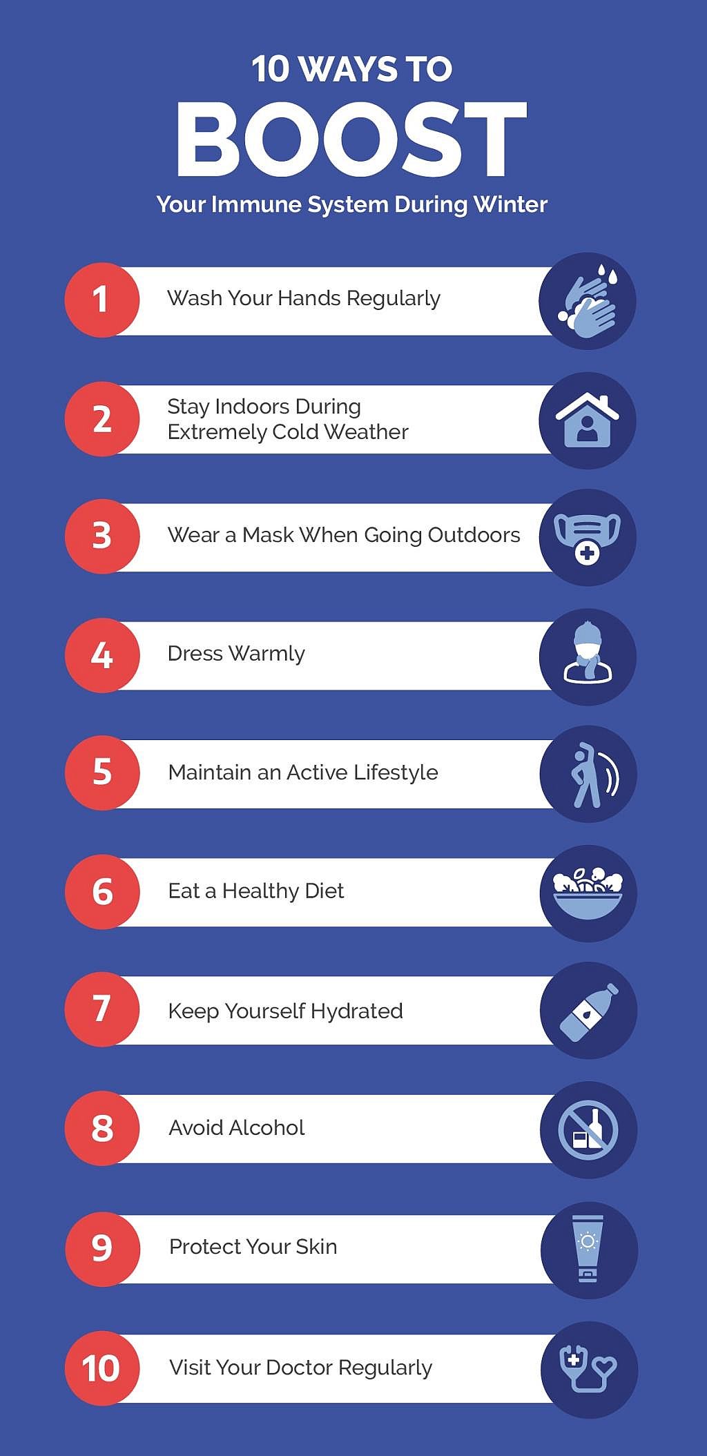 An infographic on the 10 ways to boost your immune system during winter.