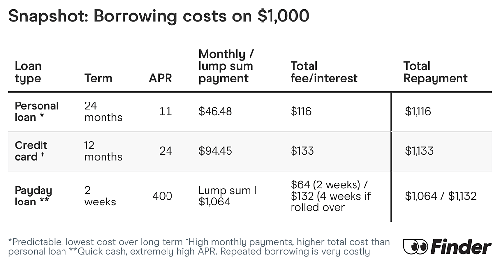 A data graphic on the borrowing costs on $1,000.