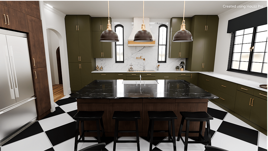 Interior of a modern kitchen with olive and wooden motifs.