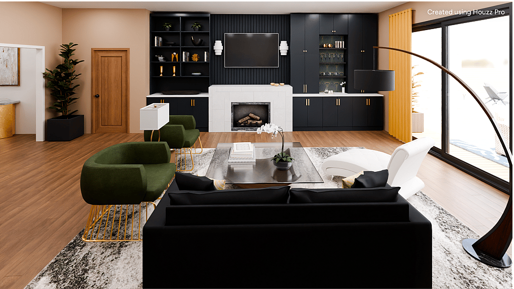 Interior of a modern living room with zoned built-ins.