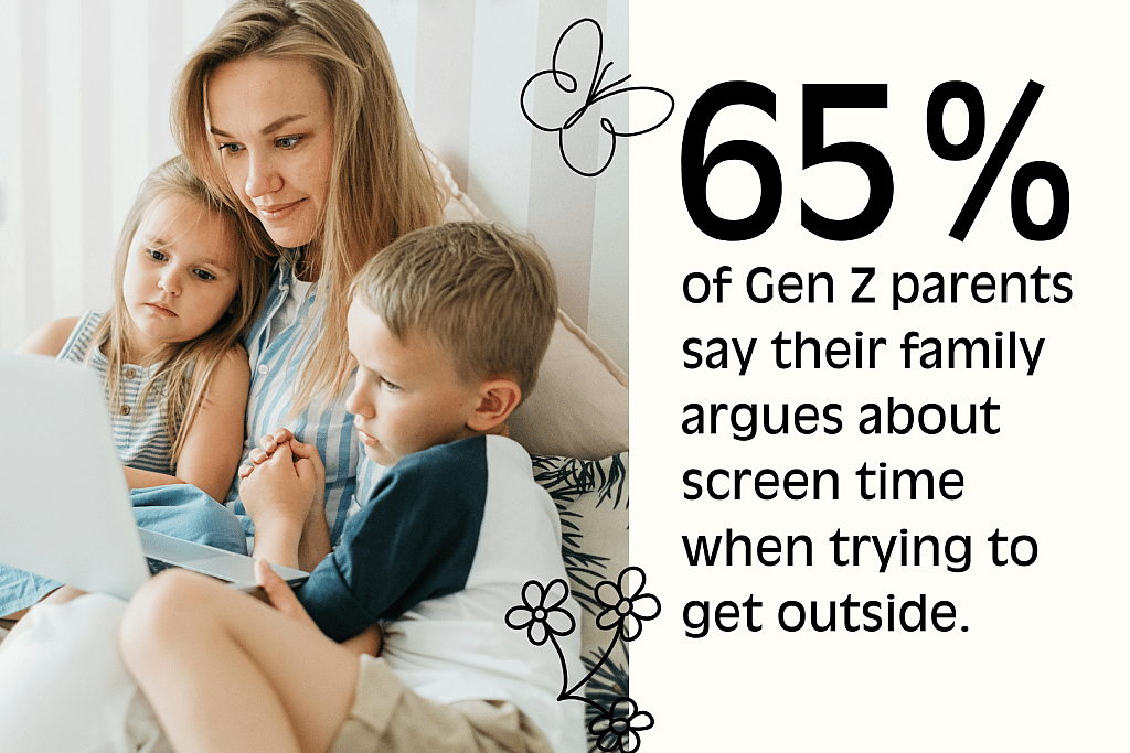 A mom sits with her two young kids while looking at a laptop with a text overlay reading, "65% of Gen Z parents say their family argues about screen time when trying to get outside."