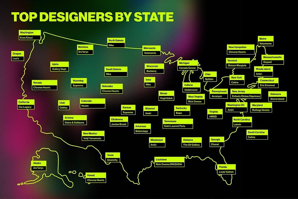 A graphic of the US map showing the top designers by state.
