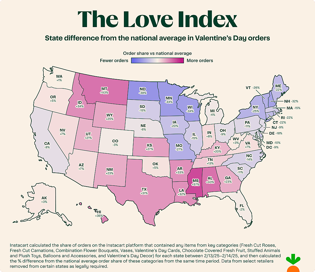 A data map of the US showing state difference from the national average in Valentine's Day orders.