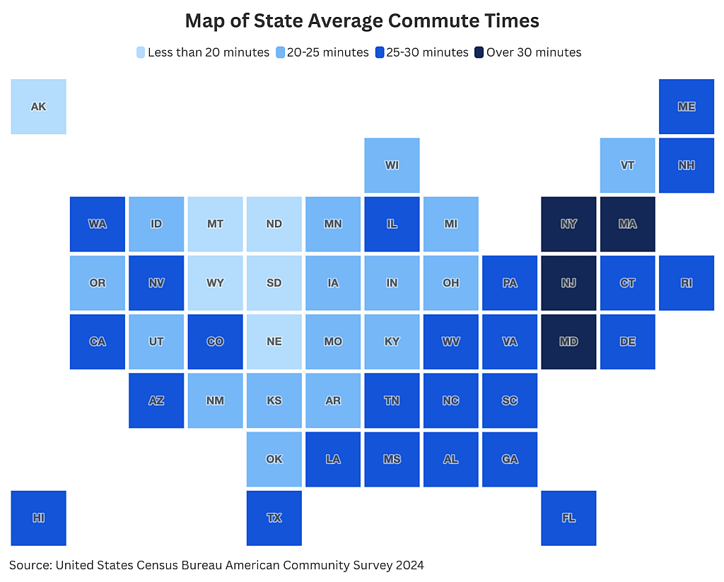 A data map showing US states and their average commute times.