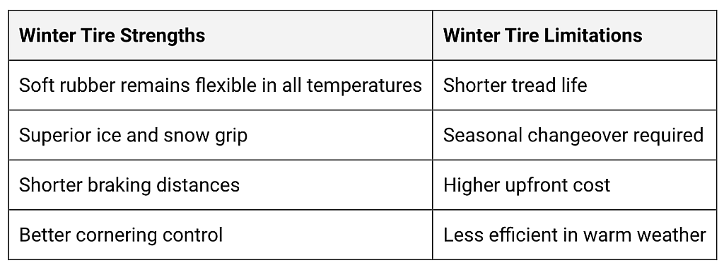 Table listing strengths and limitations of winter tires.