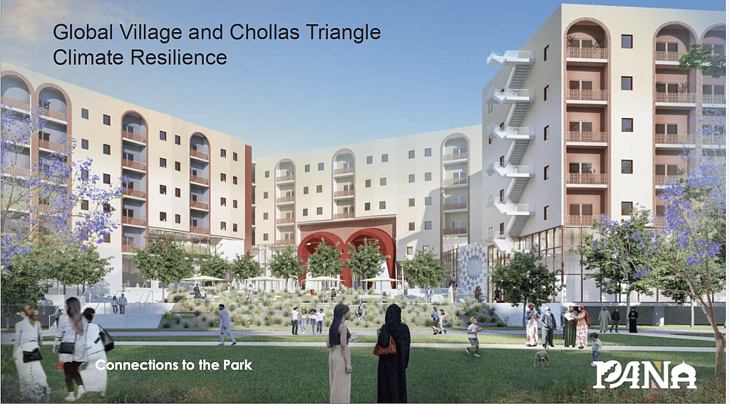 Rendering of Global Village: The Refugee & Immigrant Cultural Hub which will include 167 units of larger affordable housing, transitional housing for migrants and asylum seekers, a market for small business incubation, a community convening space, emergency services, and a nonprofit hub offering child care and other wrap-around services.