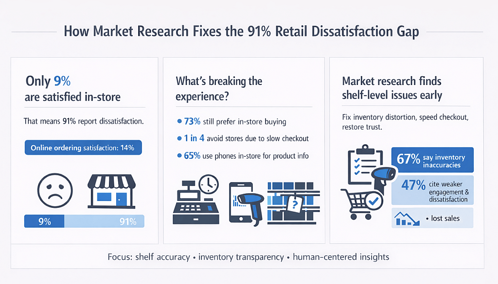 Infographic showing data on how market research fixes the 91% retail dissatisfaction gap.