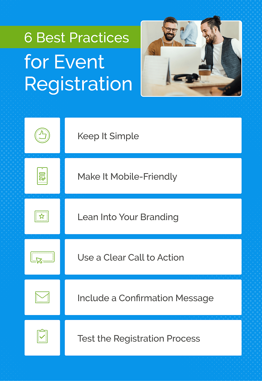 An infographic listing the six best practices for event registration.
