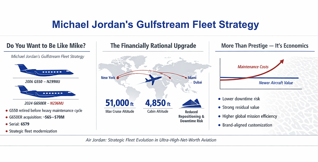 A data graphic showing overview of Michael Jordan's Gulfstream fleet strategy.
