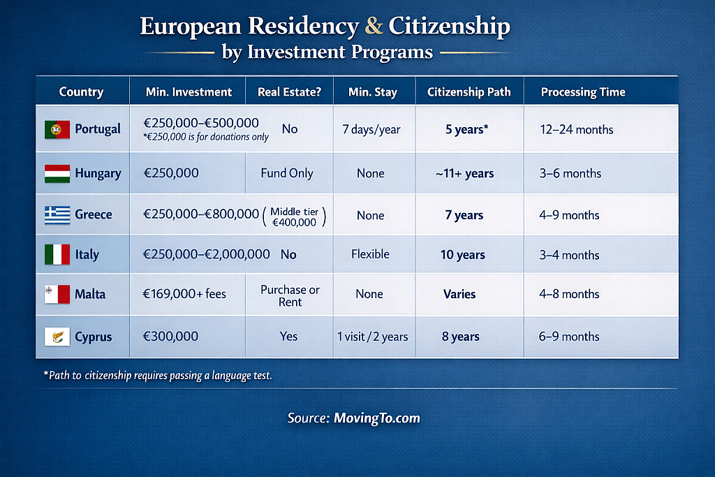 Overview table indicating data on European residency and citizenship by investment programs.