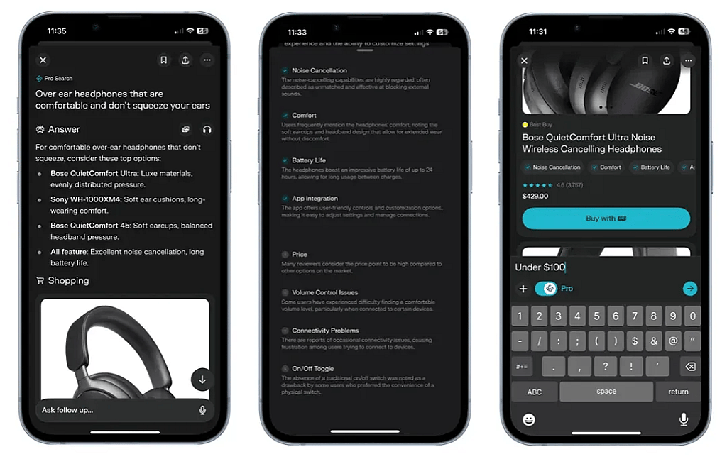 Perplexity's app interface showing its in-chat shopping feature.
