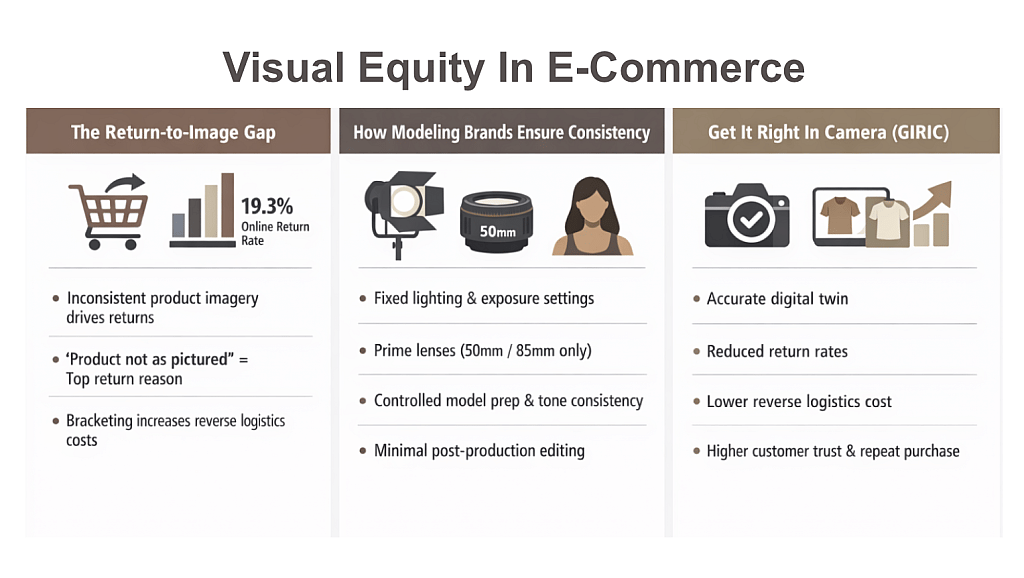A data graphic summarizing how visual consistency in product imagery can help reduce return rates.