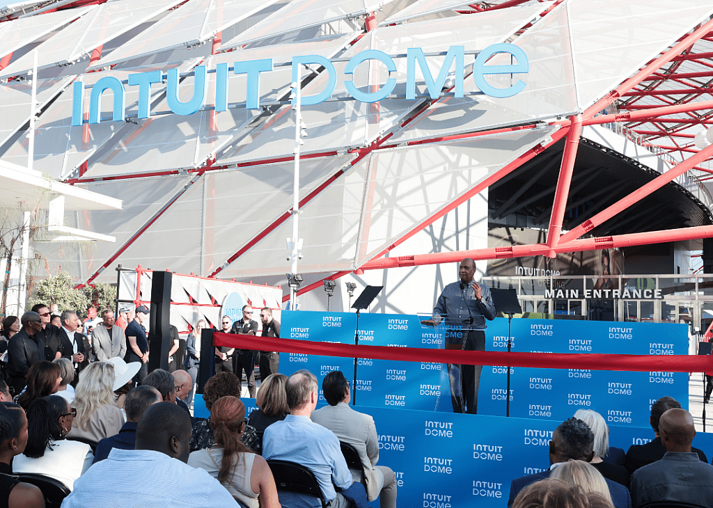 Inglewood Mayor James T. Butts Jr. speaks at the Ribbon Cutting Ceremony during Opening Night of the Inuit Dome on August 15, 2024, in Los Angeles.