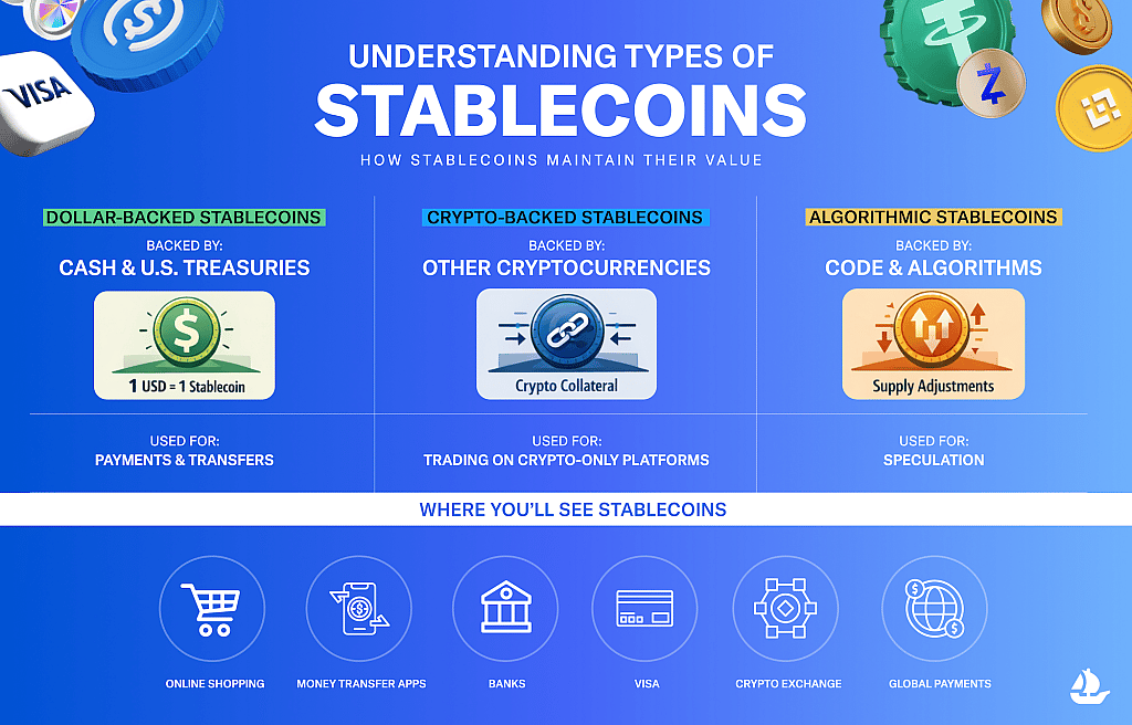 Infographic explaining types of stablecoins: dollar-backed, crypto-backed, and algorithmic stablecoins with risks and use cases.
