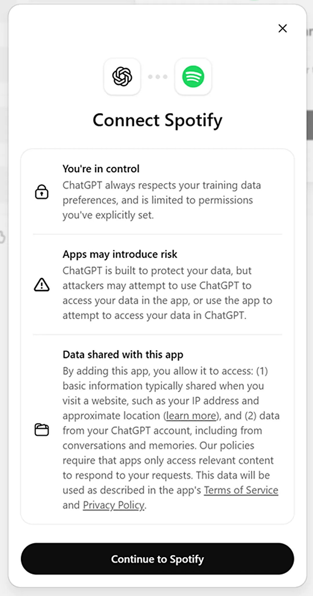 An example of a ChatGPT app connecting to another app (ex. Spotify).