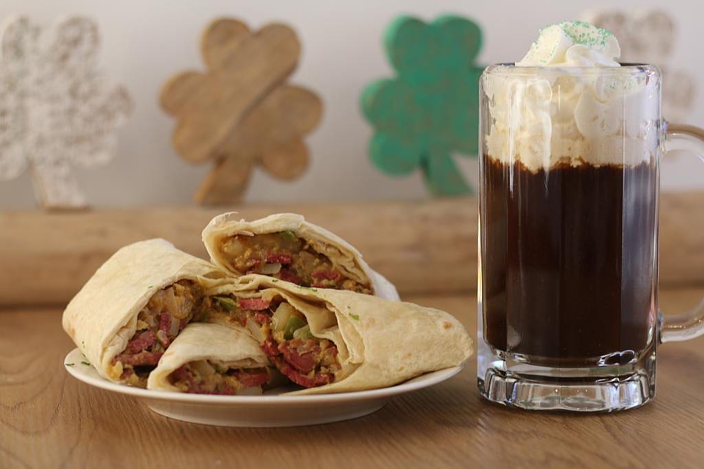 Corned Beef Hash Breakfast Burrito meal.