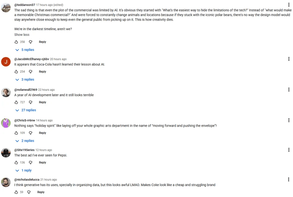 A screenshot showing Youtube comments of people frustrated with Coca-Cola's most recent AI ad.