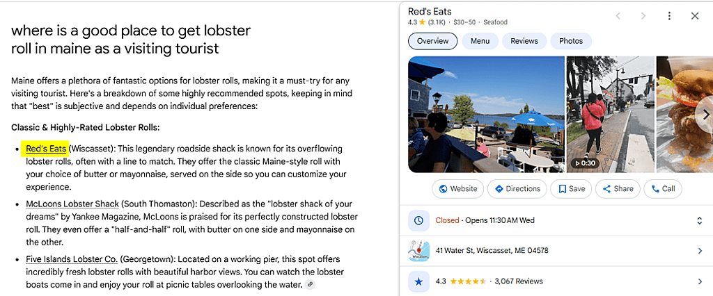A screenshot showing Red's Eat's business profile and details on Google.