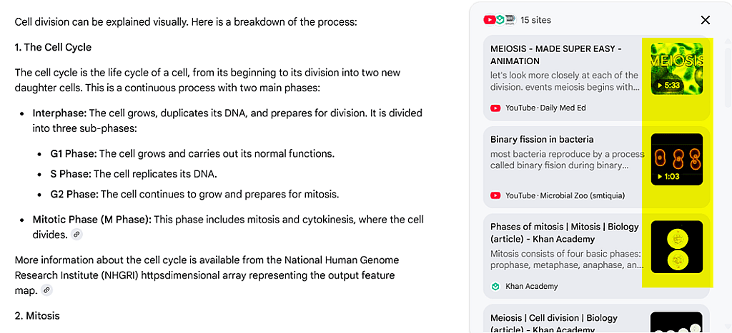 A screenshot of a cells cycles' text results and video previews on Google.