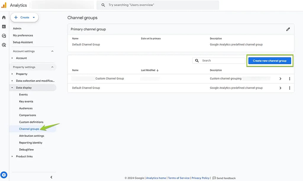 A screenshot of creating a Generative AI channel group in GA4.