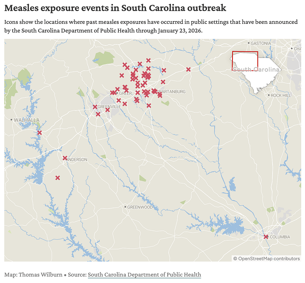 A data map showing the locations where measles exposure events occurred in South Carolina, based on South Carolina Department of Public Health data through January 23, 2026.