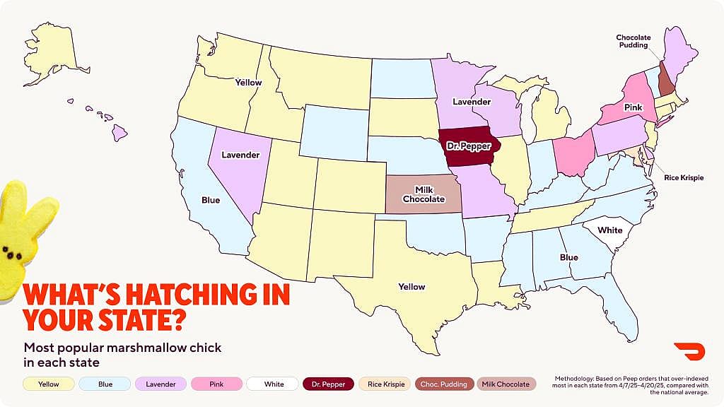 A data map showing the most popular marshmallow chick in each state.