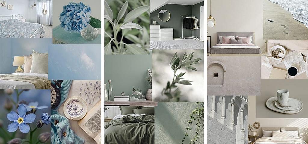 A collage showing varied colors of blues, sage, and warm neutrals as a visual board for calming colors.