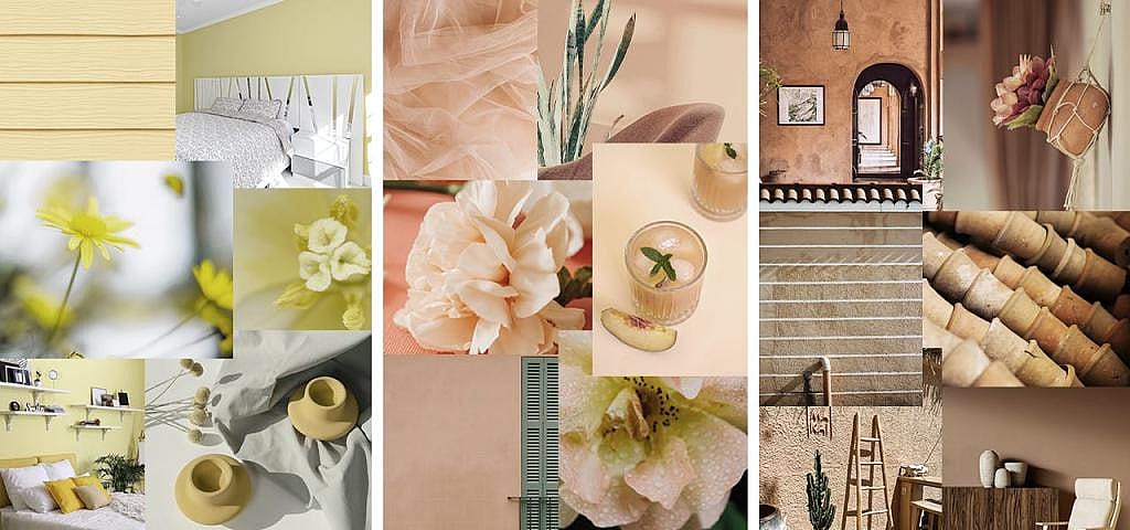 A collage showing varied colors of yellows, corals, and clay as a visual board for energizing colors.