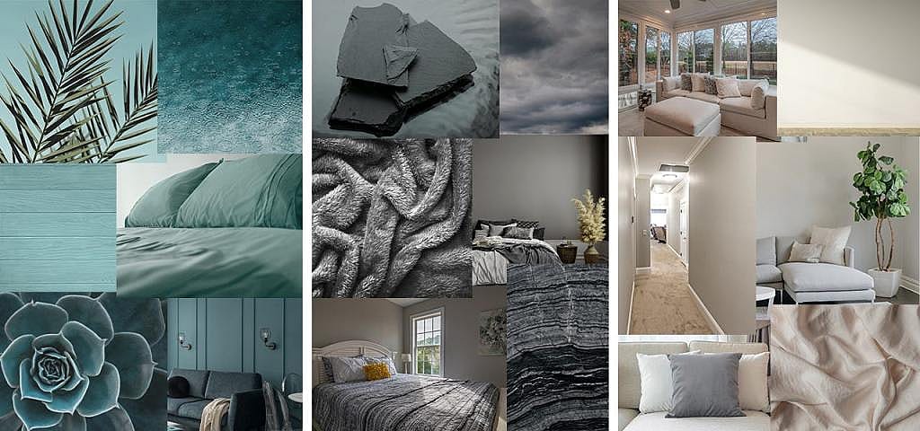 A collage showing varied colors of teals, grays, and greige as a visual board for focus-friendly colors.