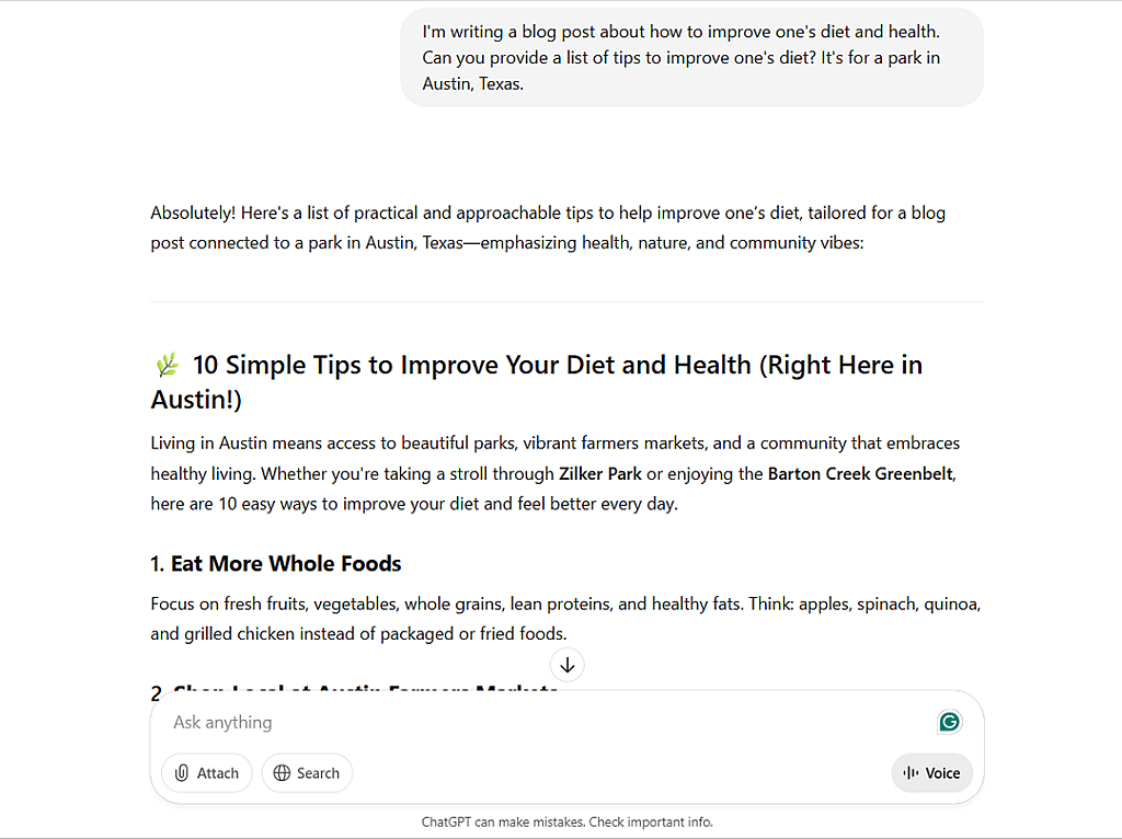 A ChatGPT example when asked for tips on how to improve one’s diet for a park’s blog.
