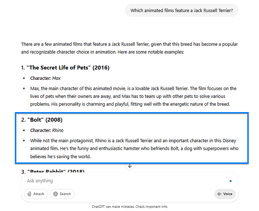 A ChatGPT example when asked for animated movies that feature a Jack Russell terrier.