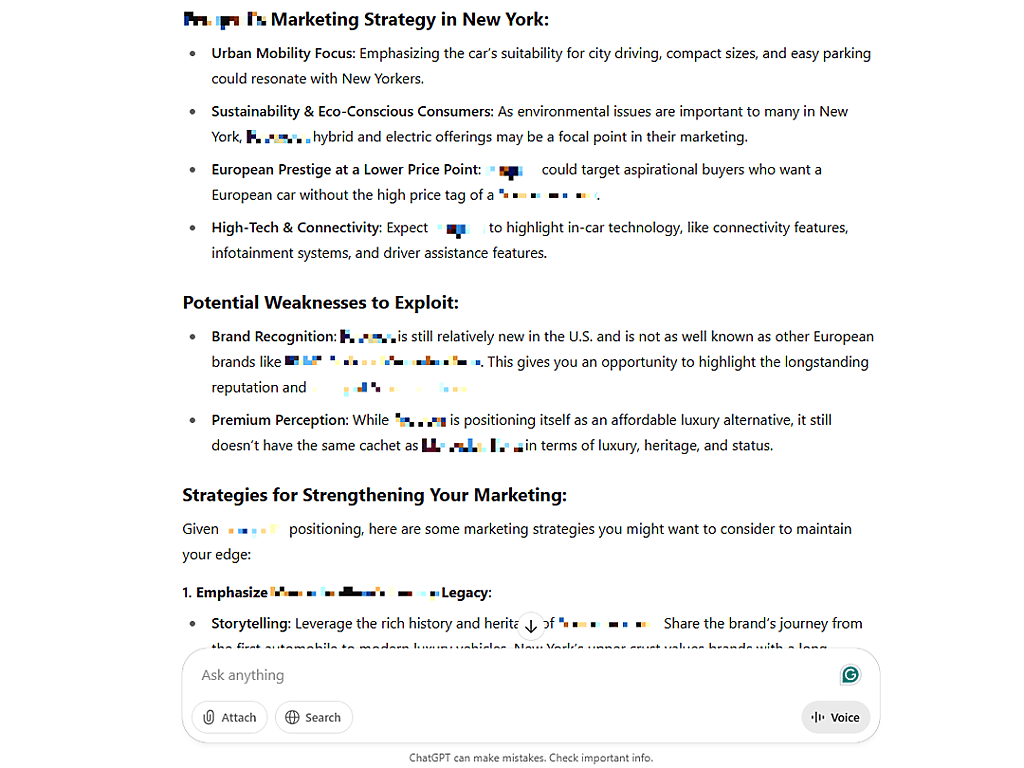An ChatGPT example prompt providing details, including the new competitor’s strengths and weaknesses.
