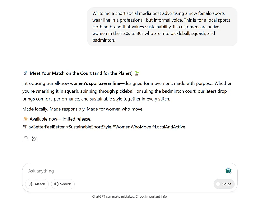 A ChatGPT example prompt asking it to come up with a social media post that advertises a new line of clothing.