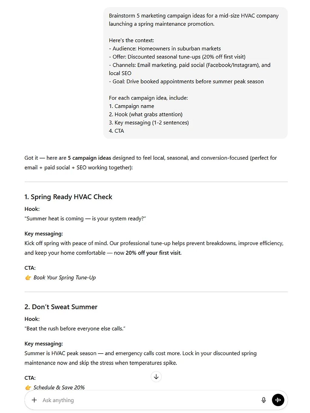 A ChatGPT example when asked to brainstorm five marketing campaign concepts for a midsize HVAC company launching a spring maintenance promotion.
