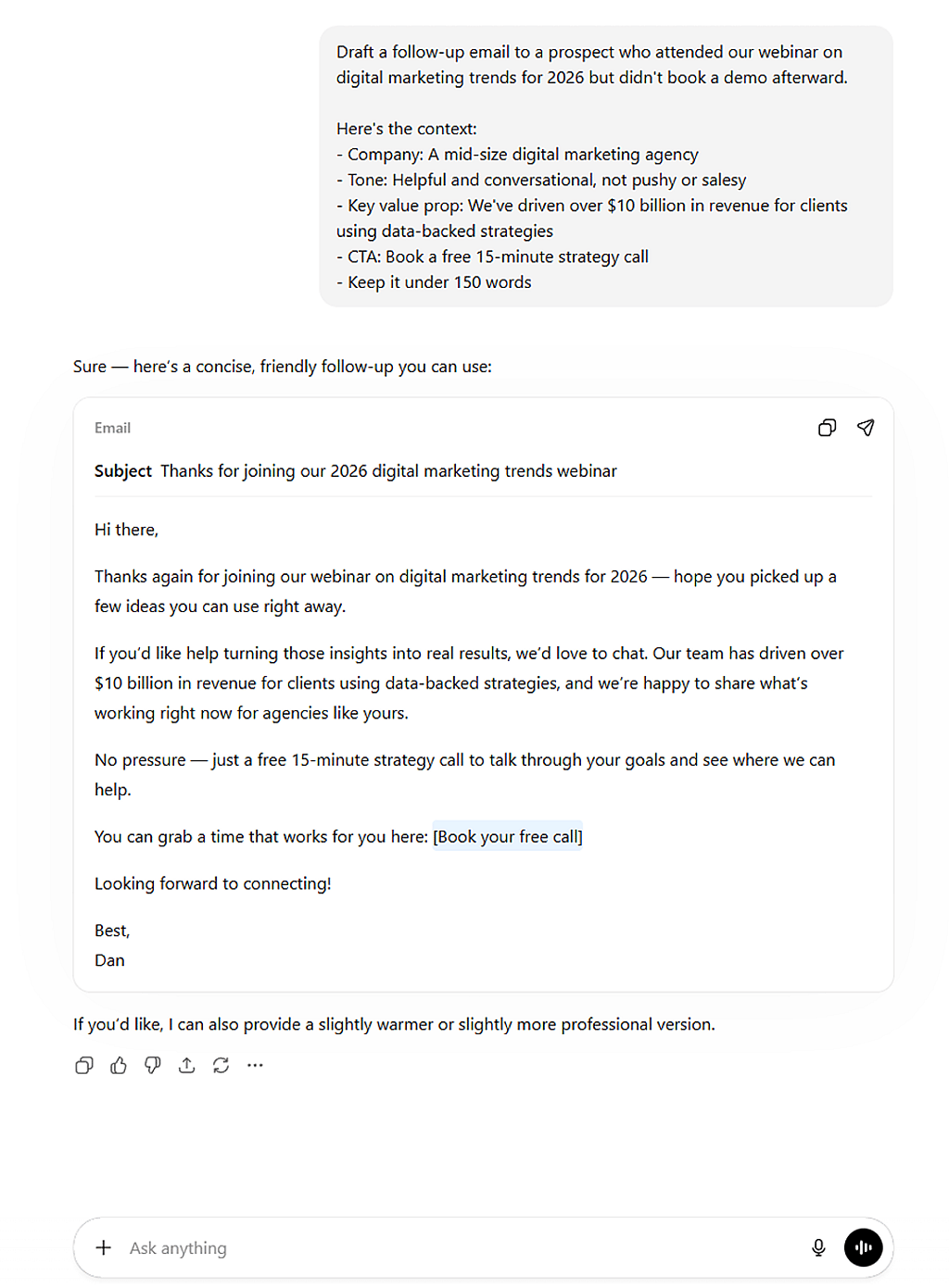 A ChatGPT example when asked to draft a follow-up email to a prospect who attended a webinar but didn’t book a demo.