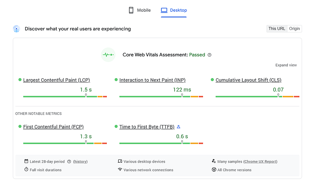 A screenshot of Google's PageSpeed Insights tool to view Core Web Vitals assessment.