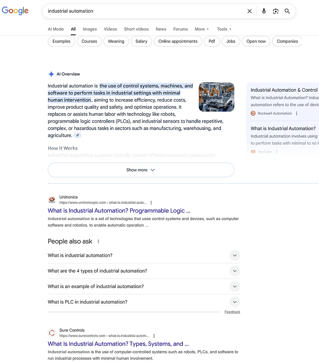 A screenshot showing an example of searching intent for a keyword and its Google page results.