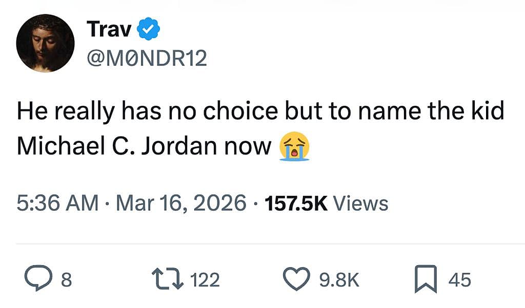 Tweet from M0NDR12 that says 'He really has no choice but to name the kid Michael C. Jordan Now'